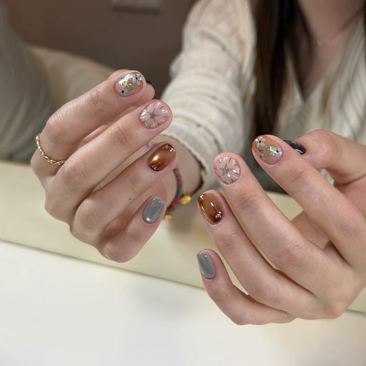 Artistic Press-On Nail Set with 3D Floral Accents
