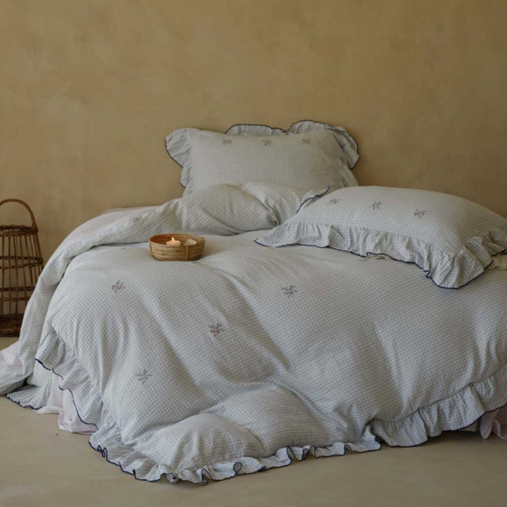 Ruffled Gingham Cotton Duvet Cover Set with Floral Embroidery and Piped Edge