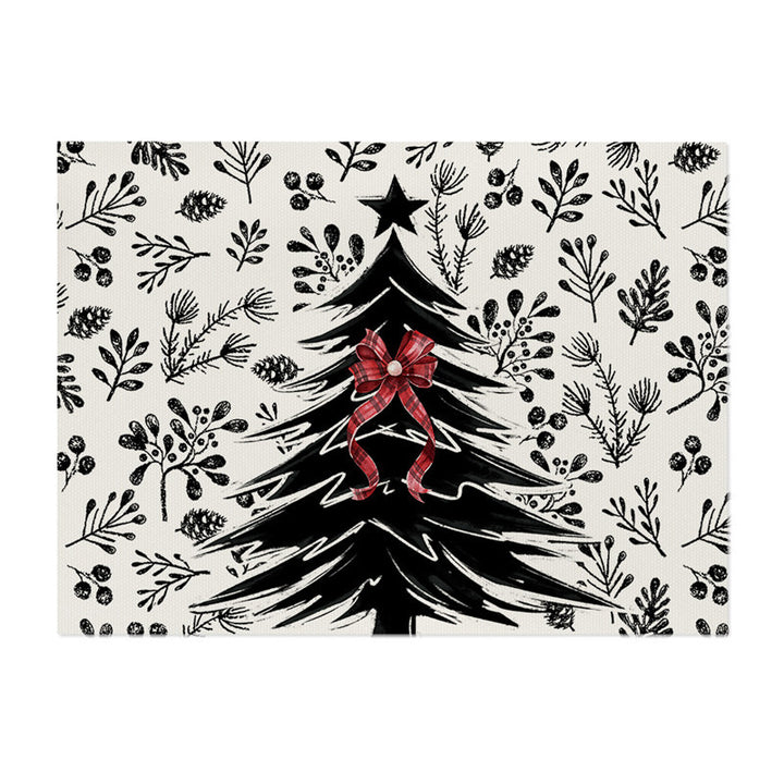 Decorative Rectangular Cotton-Linen Holiday Tablecloth with Repeating Hand-Painted Christmas Tree Motif
