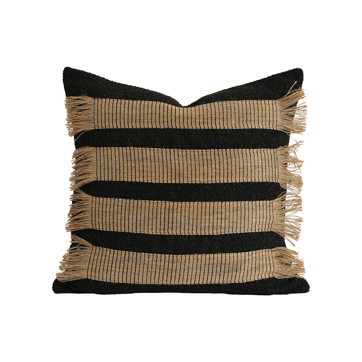 Woven cushion cover with bouclé surface and jute fringes Bowlift