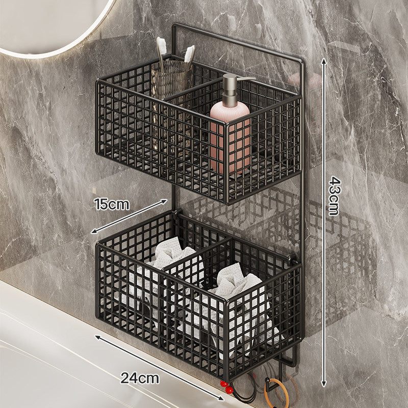 Wall-Mounted Metal Mesh Bathroom Storage Basket with Multi-Hook and Draining Base