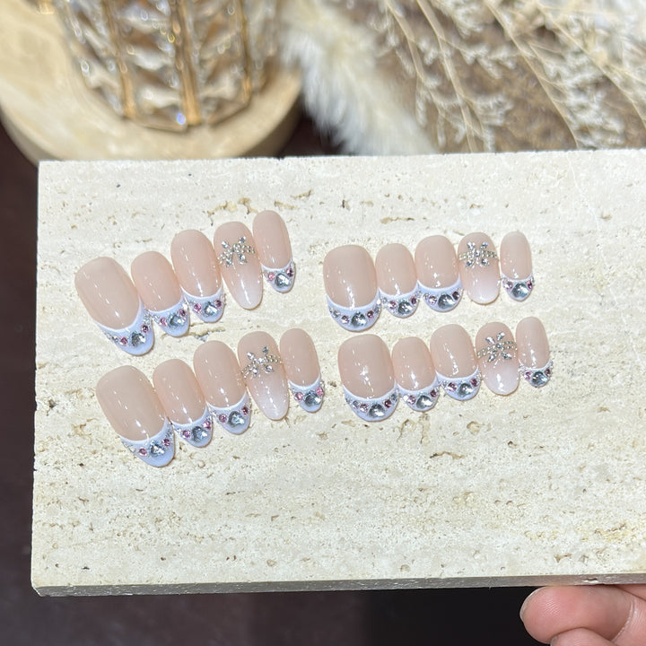 Decorative Press-On Nail Set with Rhinestone Accents