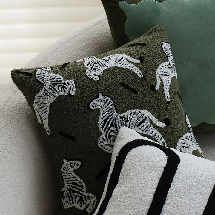 Square decorative cushion cover in teddy bouclé with raised zebra tuft appliqué Bowlift