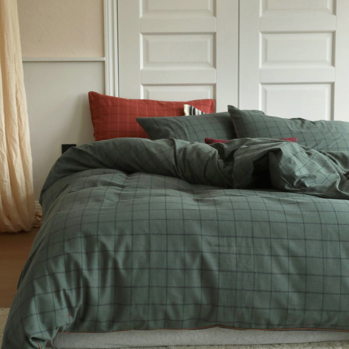 Plaid Cotton Duvet Cover Set with Pillowcases