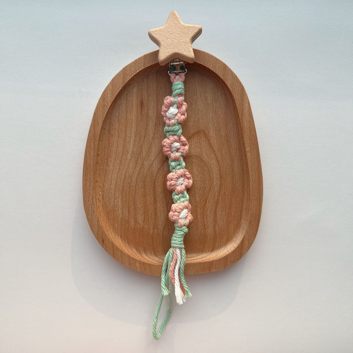 Macramé Stroller and Pacifier Lanyard with Wooden Star Clip
