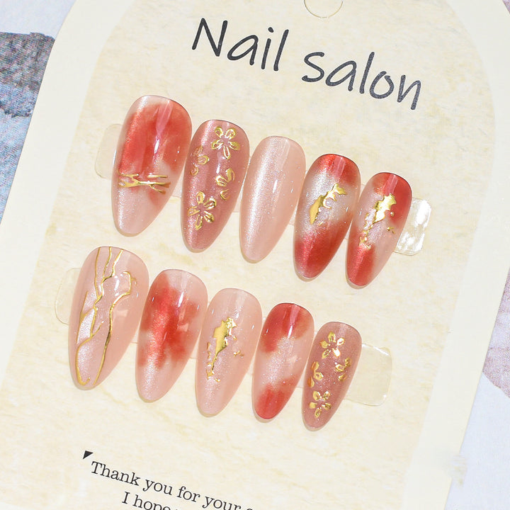 Artistic Press-On Nail Set with Cherry Blossom Design Bowlift