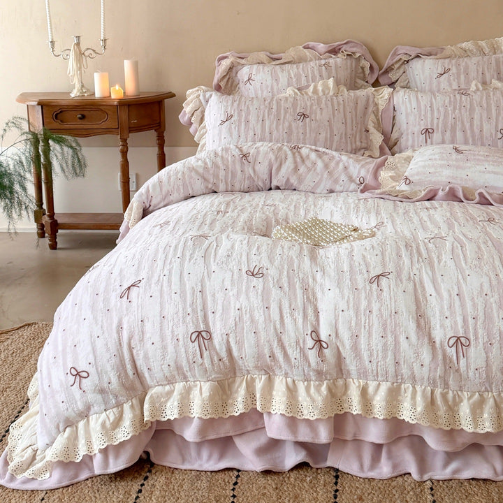 Ruffled Eyelet Lace Embroidered Cotton Duvet Cover Set