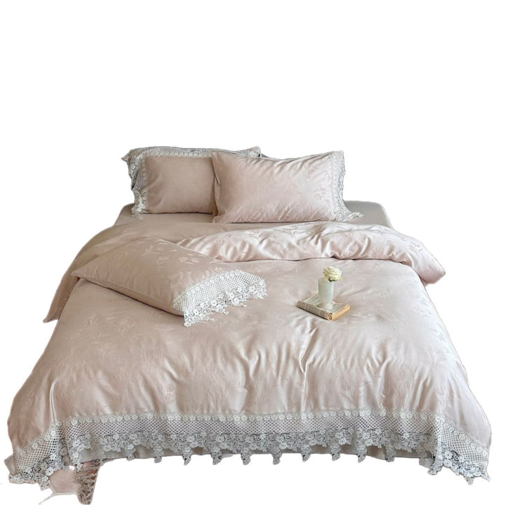Brushed Microfiber Jacquard Duvet Cover Set with Lace-Trim Pillow Shams