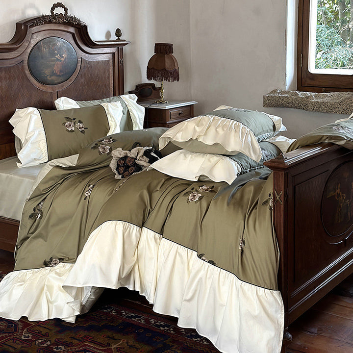 Ruffled Satin-Feel Embroidered Duvet Cover Ensemble with Decorative Ruffle Hem