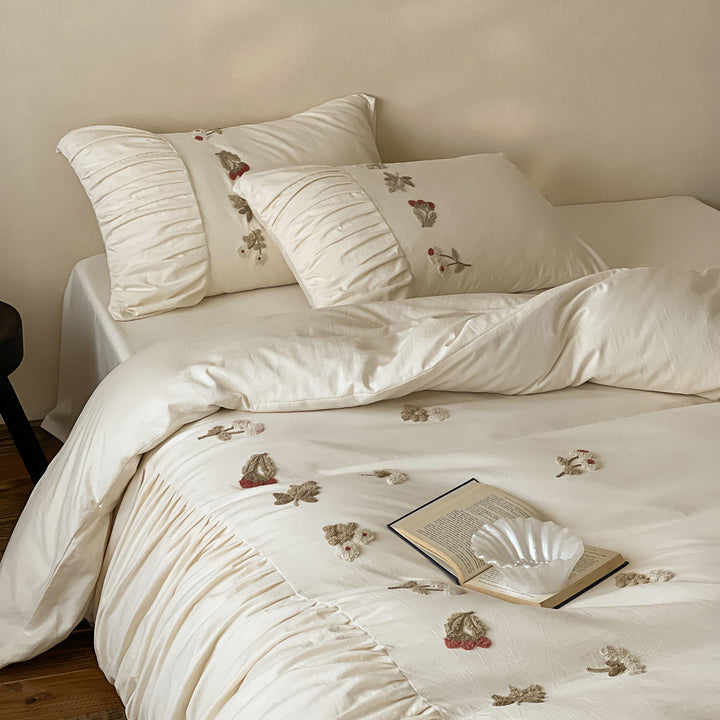 Embroidered Cotton Duvet Cover Set with Pleated Edge