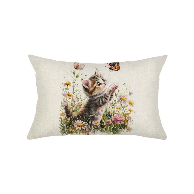 Rectangular Linen-Texture Decorative Throw Pillow Cover with Kitten and Wildflower Watercolor Print