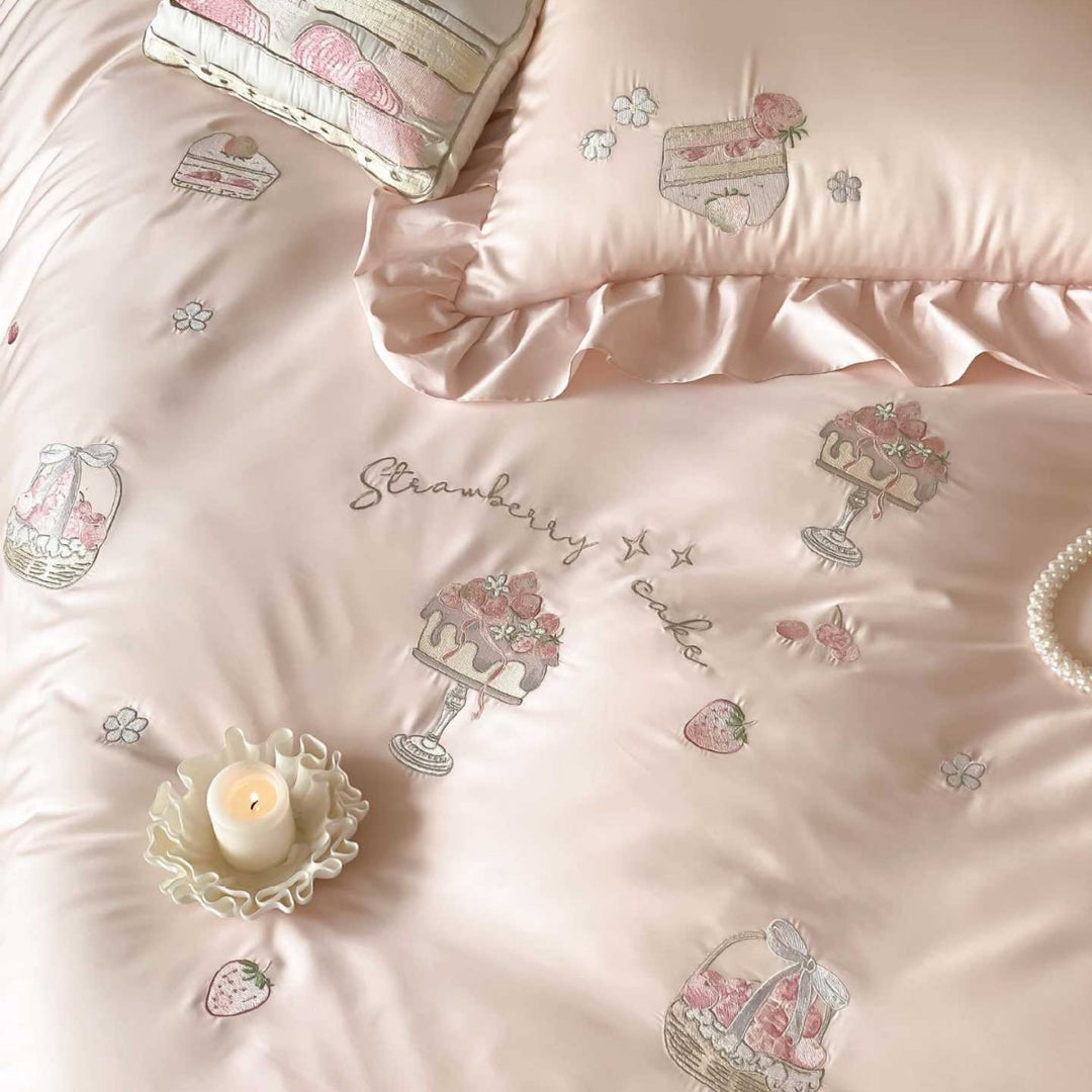 Romantic Ruffled Embroidered Satin Duvet Cover Set