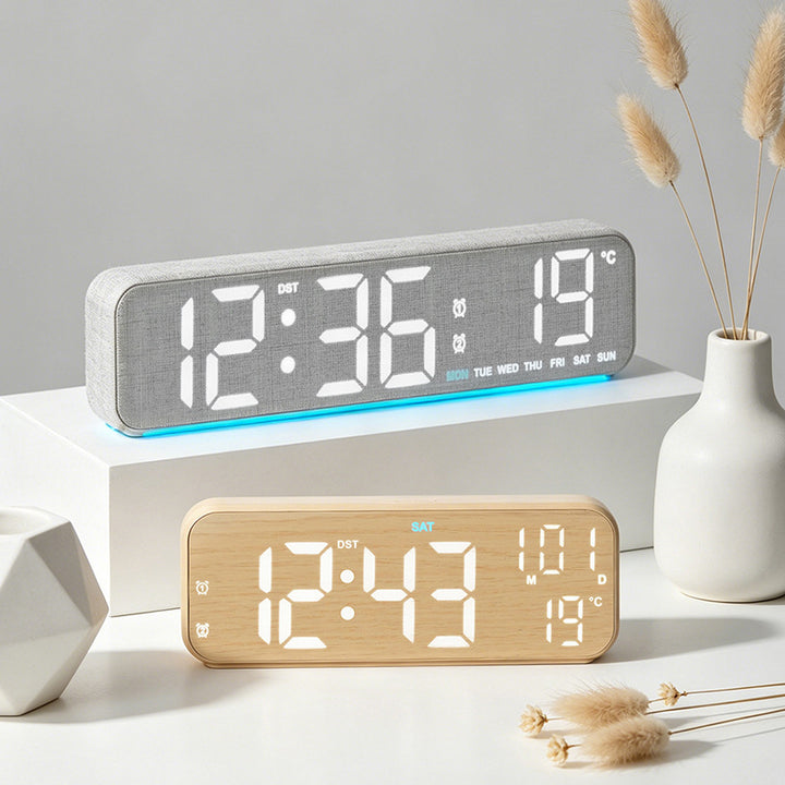 Digital wooden alarm clock with temperature and day of the week display Bowlift