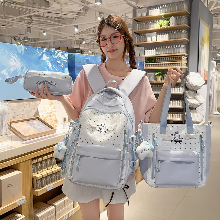 Stylish Dot-Printed Backpack with Decorative Accents Bowlift