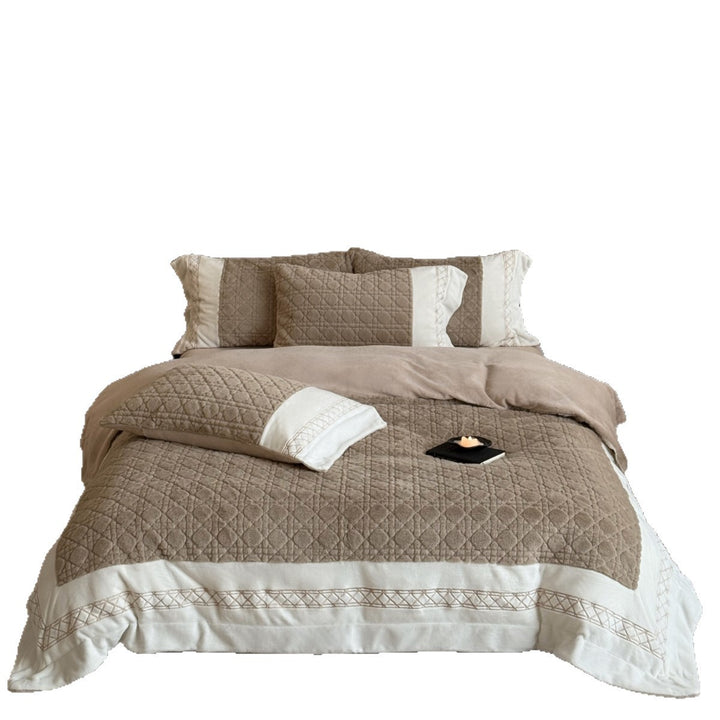 Luxury Reversible Sherpa-Backed Diamond-Quilt Comforter Set with Embroidered Hem