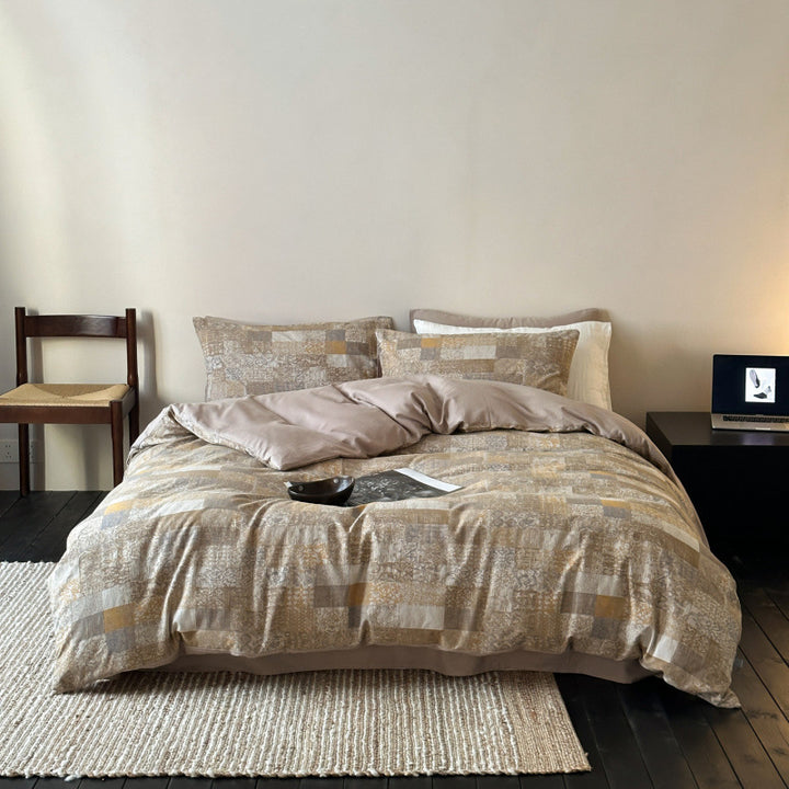 Reversible Cotton-Sateen Patchwork-Texture Duvet Cover Set with Deep-Fit Corners & Oxford Shams