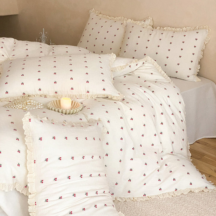Ruffled Micro-Embroidered Textured Cotton Duvet Cover Set