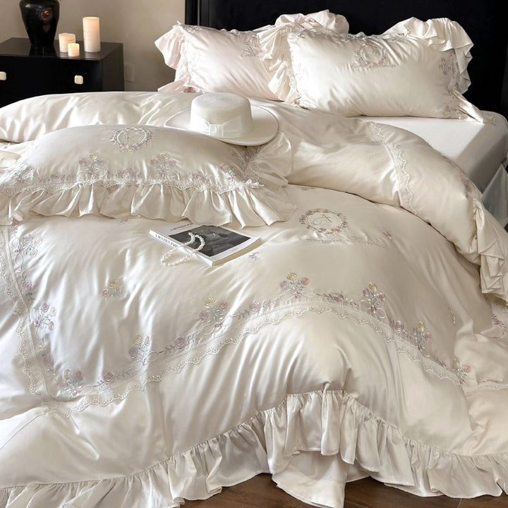 Romantic satin bedding set with ruffles, embroidered flowers, and flounce