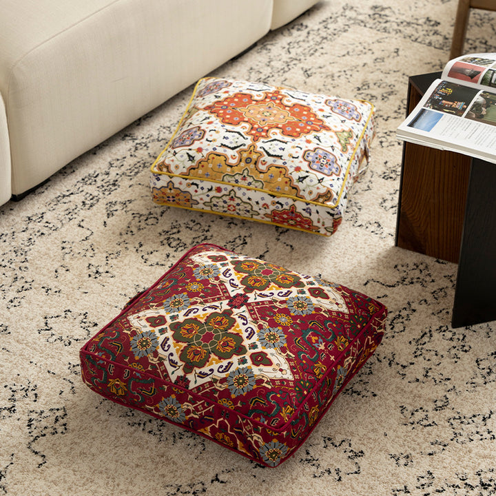 Square decorative cushion cover with oriental medallion pattern and contrasting piping Bowlift
