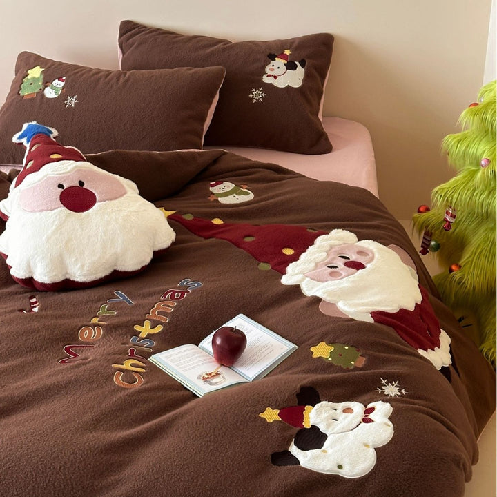 Christmas Plush Appliqué Fleece Duvet Cover Set with Reversible Lining