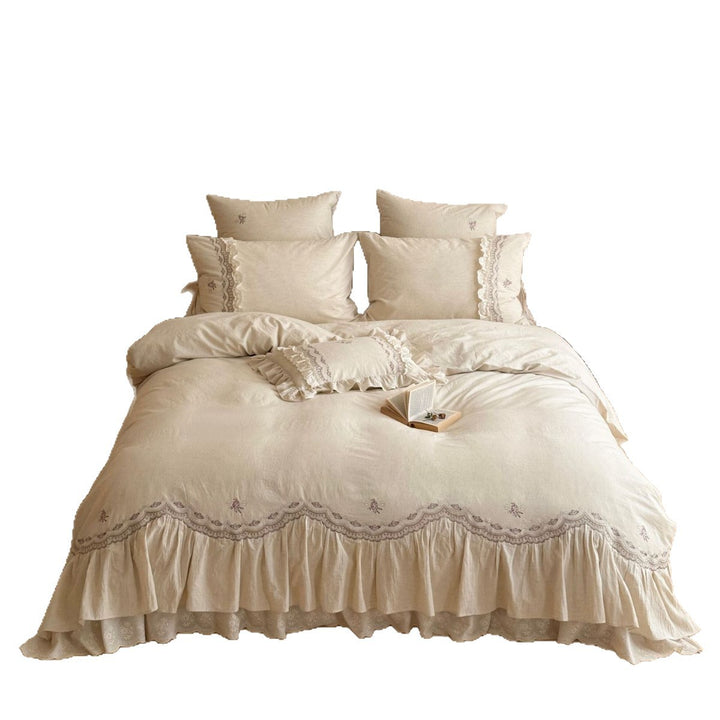 Ruffled Embroidered Linen Duvet Cover Set