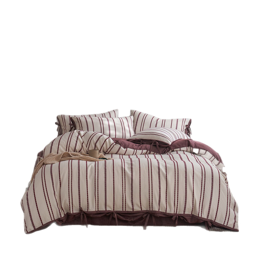 Reversible Striped Cotton Duvet Cover Set with Tie-Closure Pillow Shams