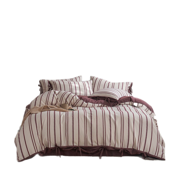 Reversible Striped Cotton Duvet Cover Set with Tie-Closure Pillow Shams