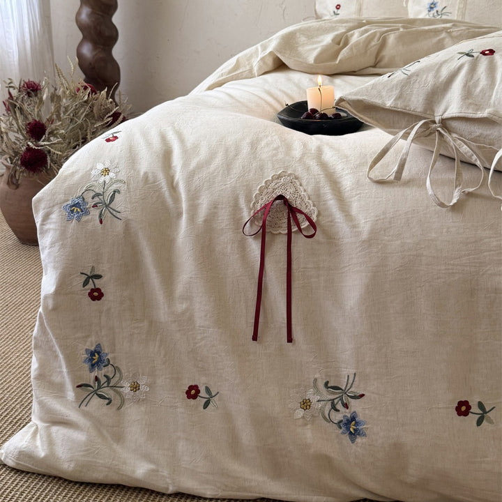 Embroidered Cotton-Linen Blend Duvet Cover Set with Bow-Tie Closures