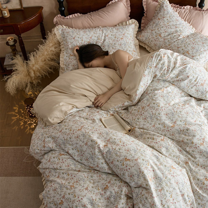 Luxurious cotton satin bedding set with ruffled hem