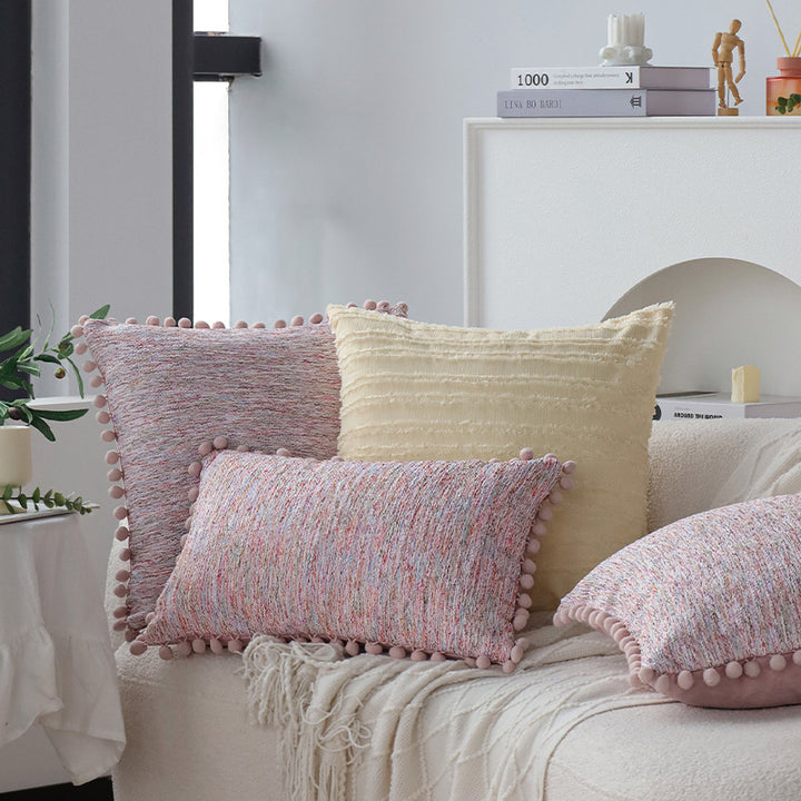 Rectangular decorative pillowcase with mottled chenille structure and pompom trim Bowlift