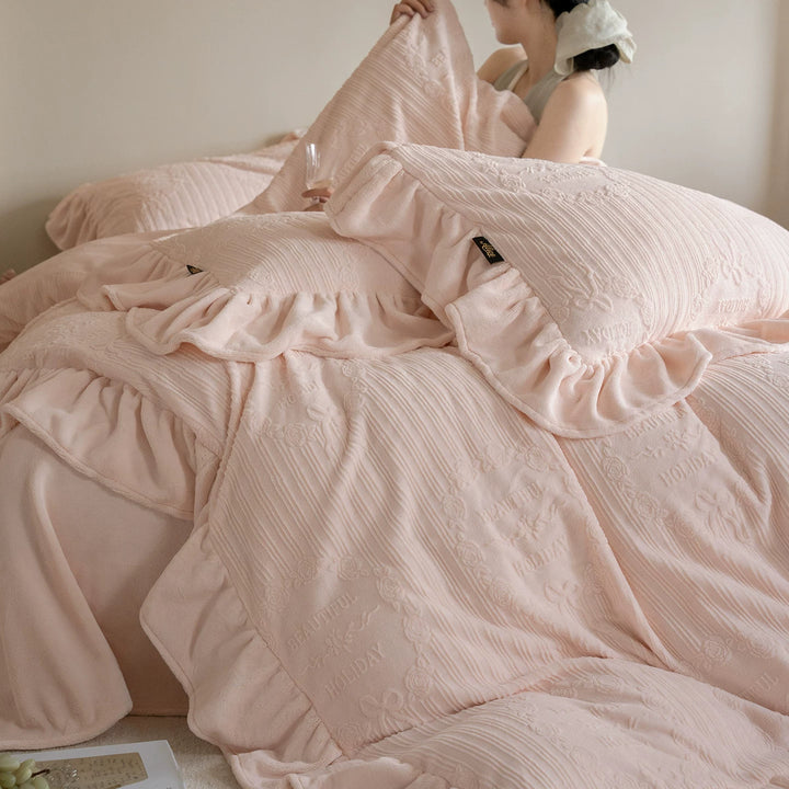 Soft Crinkle Jacquard Cotton Linen-Blend Ruffled Duvet Cover Set