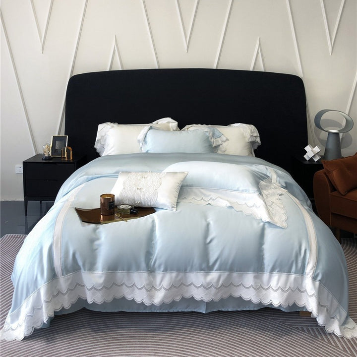 Luxurious satin bedding set with fine lace trim