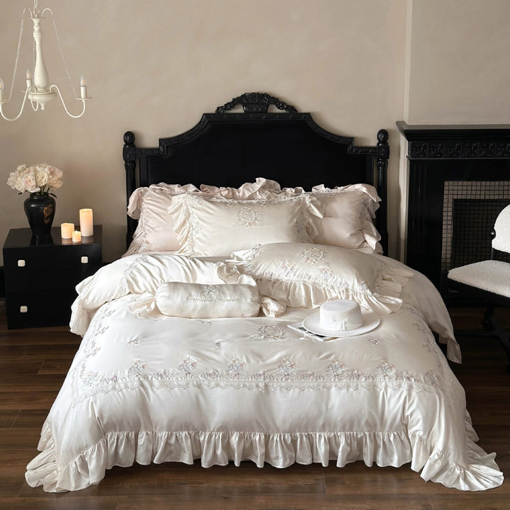 Romantic satin bedding set with ruffles, embroidered flowers, and flounce