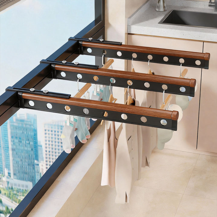 Window-Clamp Extendable Drying Rail with Sliding Track and Multi-Hole Hanger Bar