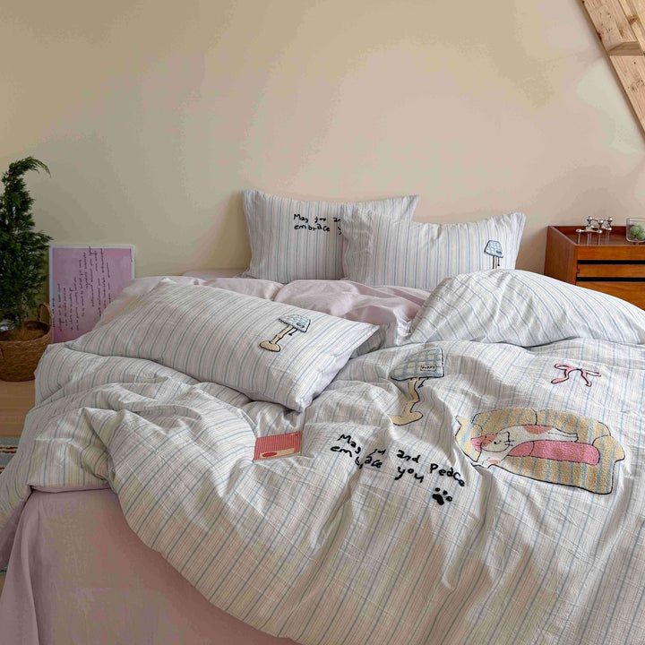 Embroidered Cotton Duvet Cover Set with Cute Bear Patchwork