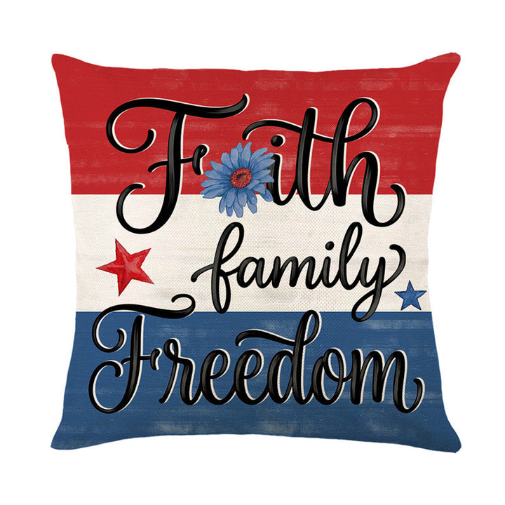 Patriotic Decorative Throw Pillow Cover with Script Typography and Floral Accent