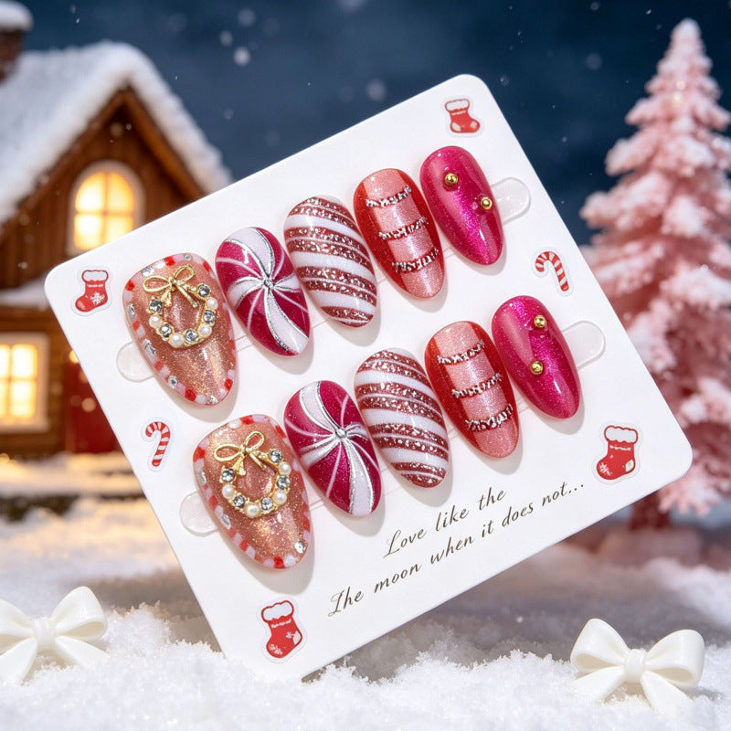 Decorative Press-On Nail Set with Holiday Accents