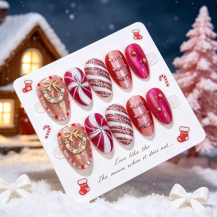 Decorative Press-On Nail Set with Holiday Accents