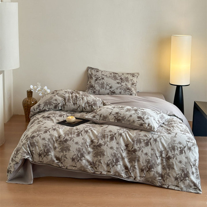 Bedding set made of washed cotton satin with a textured houndstooth pattern and reversible function