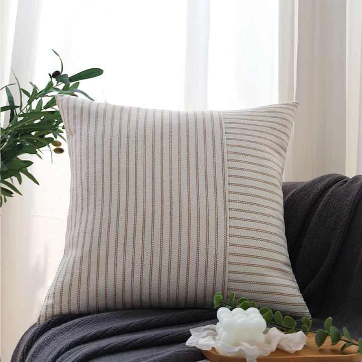 Square decorative pillow cover made of woven stripe pattern with two weaving directions and concealed zipper Bowlift