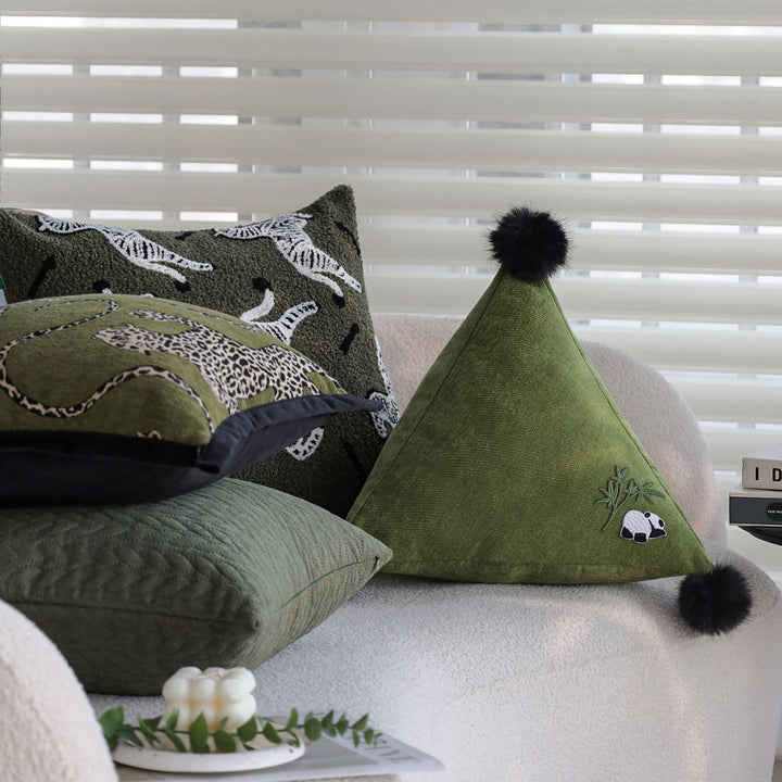 Triangular Decorative Back Cushion with Panda Embroidery and Fluffy Pom Poms Bowlift
