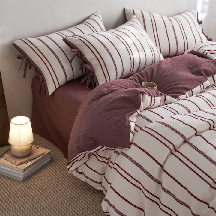 Reversible Striped Cotton Duvet Cover Set with Tie-Closure Pillow Shams