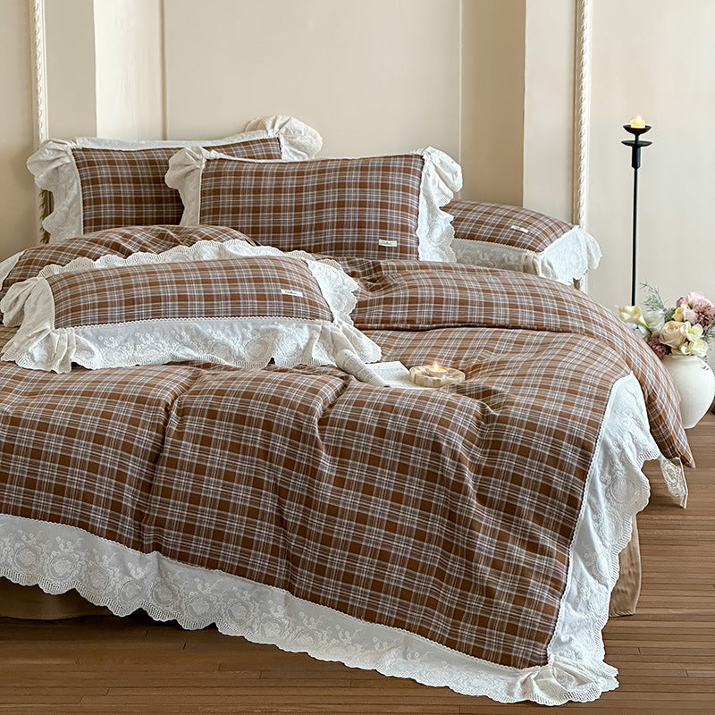 Plaid Cotton Duvet Cover Set with Lace Ruffle Trim