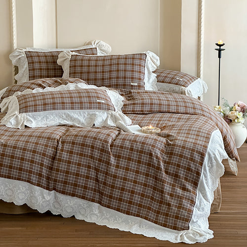 Plaid Cotton Duvet Cover Set with Lace Ruffle Trim