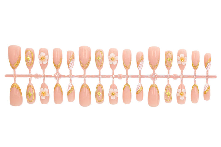 Artificial nail set with elegant flower and gold decorations Bowlift