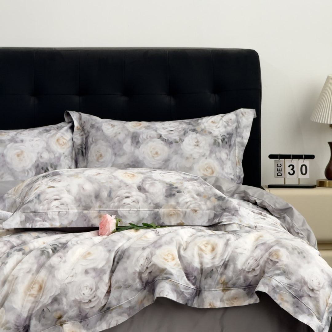 Satin bedding set with delicate floral and butterfly print and reversible function