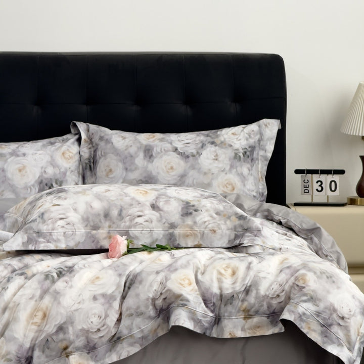 Satin bedding set with delicate floral and butterfly print and reversible function