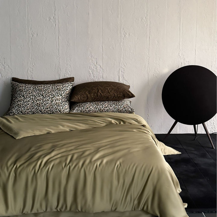 Silky Satin Bed Sheet and Leopard-Accent Pillowcase Set