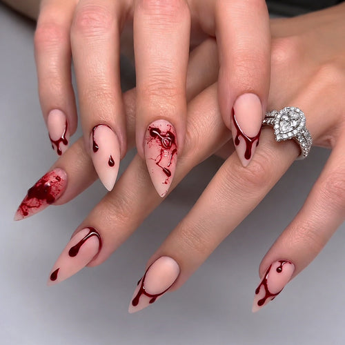 Artistic Press-On Nail Set with Blood Drip and Marble Design Bowlift