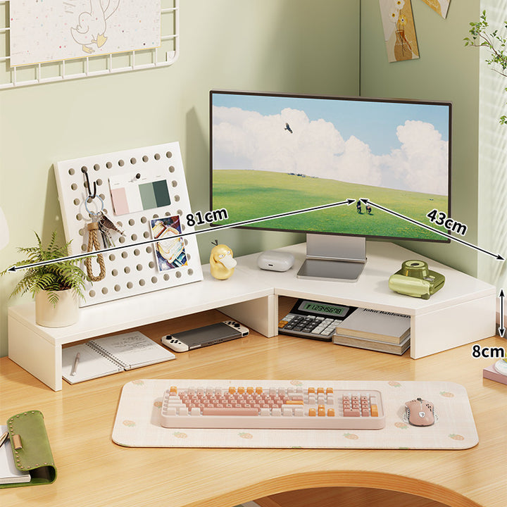 Corner Wooden Monitor Riser with Dual-Tier Storage Shelf